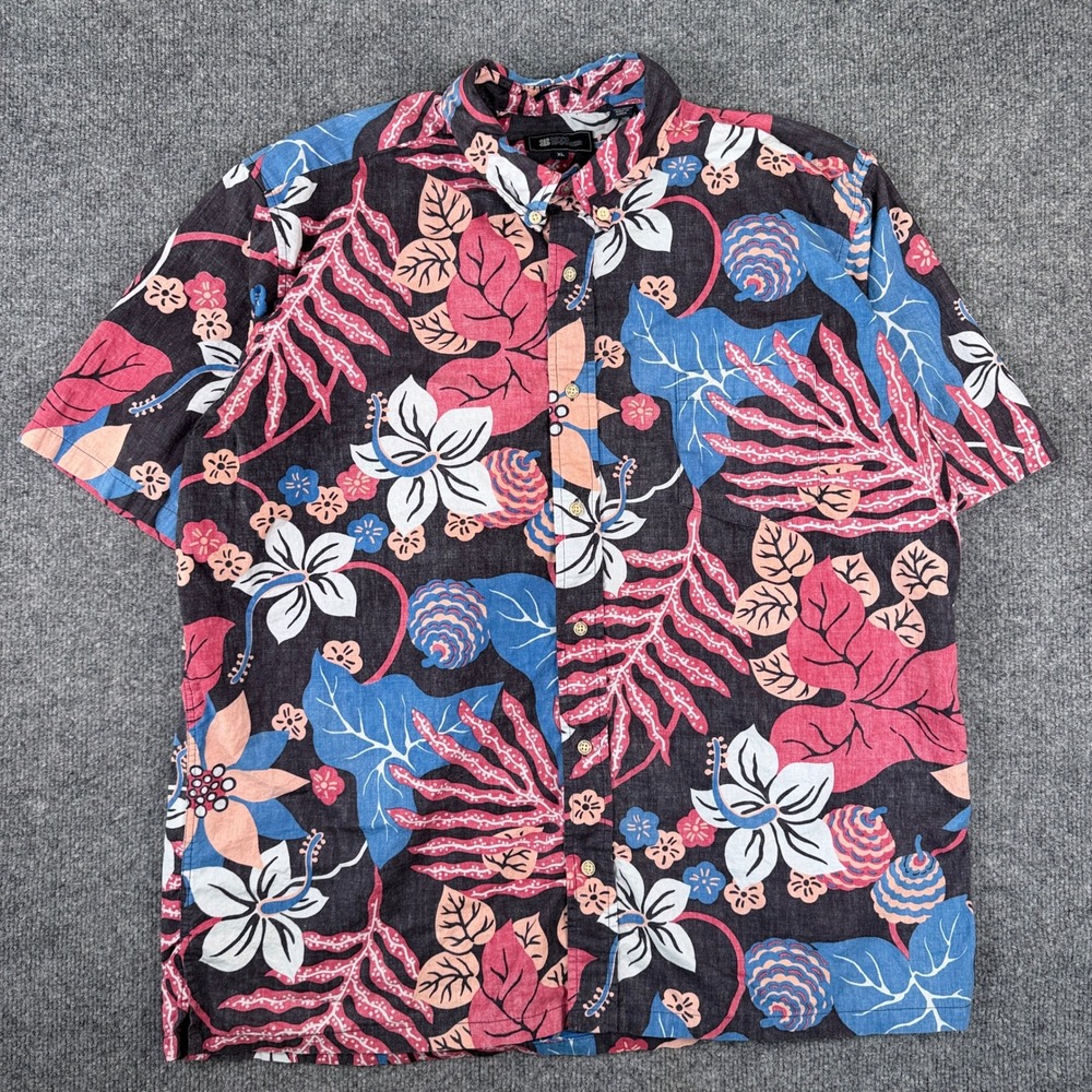 Reyn Spooner Hawaiian Shirt Mens XL Pink Blue Floral Fern Short Sleeve Button Up